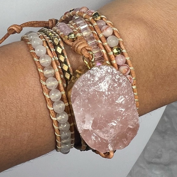 Rough Rose Quartz Long Gemstone Wrap Bracelet - Picture 4 of 6